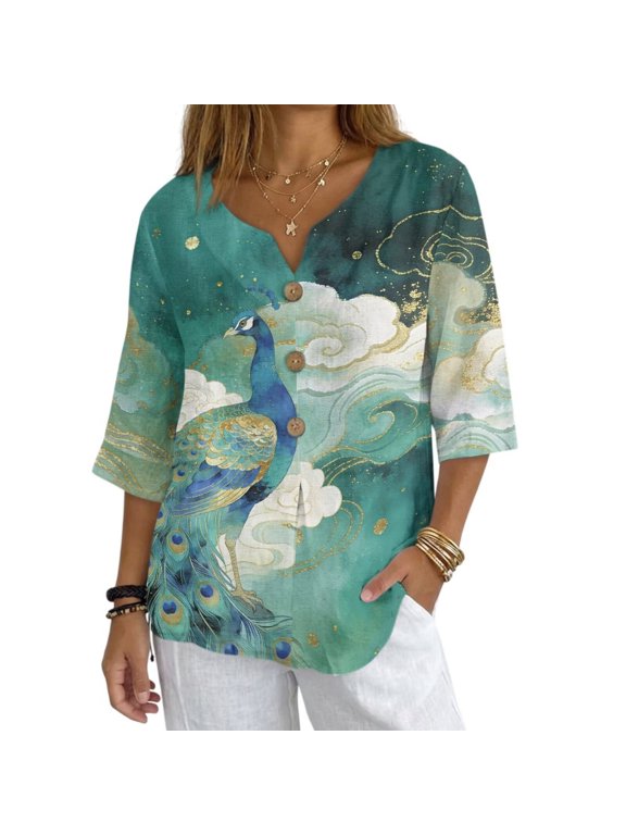 Peacock Marble Cloud Print Womens Button Down Shirts 3/4 Sleeve Linen Style V Neck Button Up Casual Blouses T Shirt Loose Tops, L