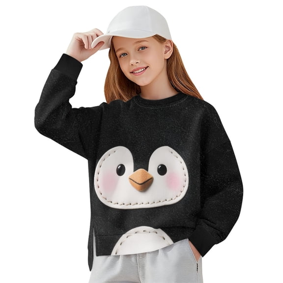 Xoenoiee Penguin Print Girls Drop Shoulder Crewneck Sweatshirt, Oversized Long Sleeve Pullover with Side Slit, Casual Loose Fit Y2K Top for Teens, 13-14 Years