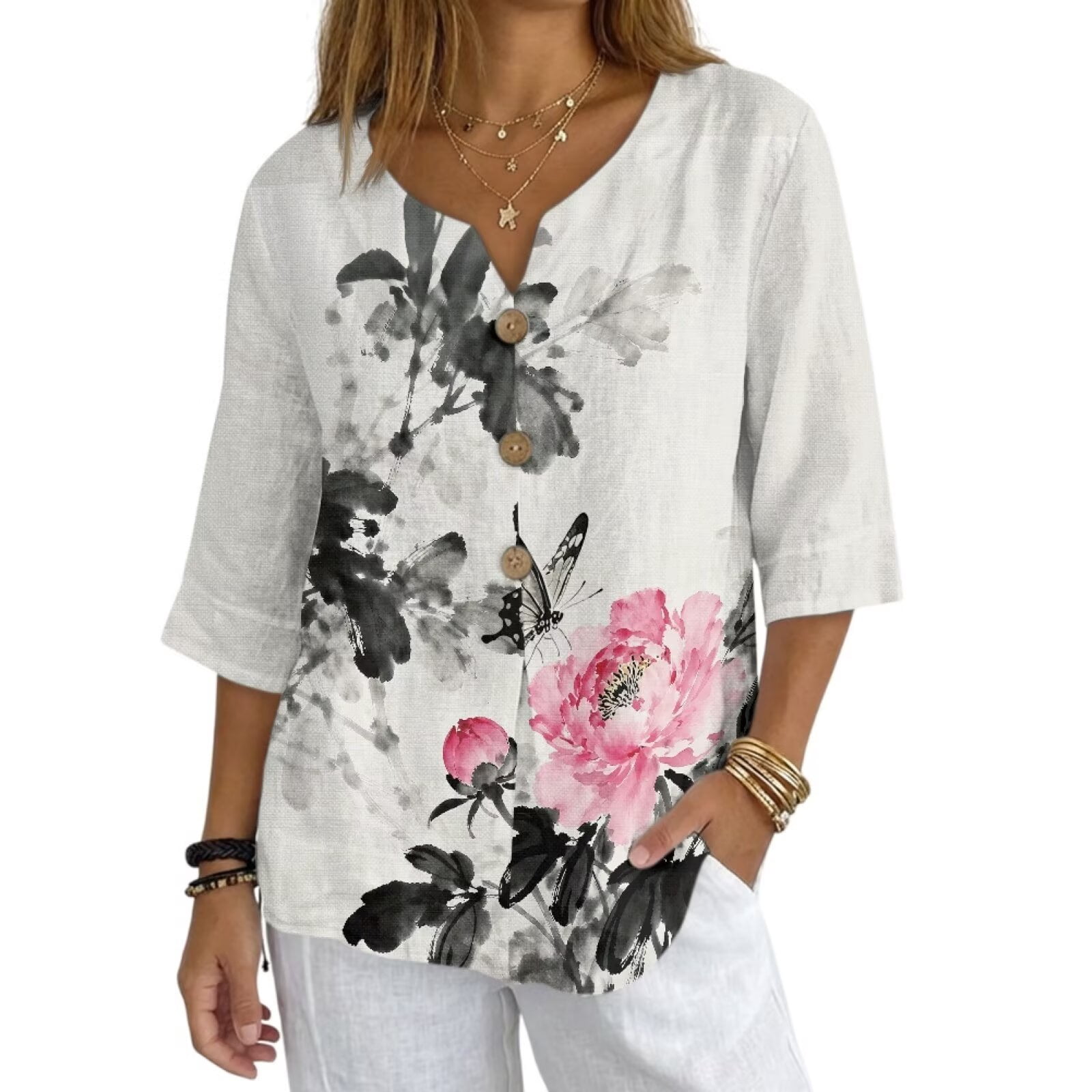 Xoenoiee Peony and Butterfly Print Linen Shirt for Women Spring Summer ...