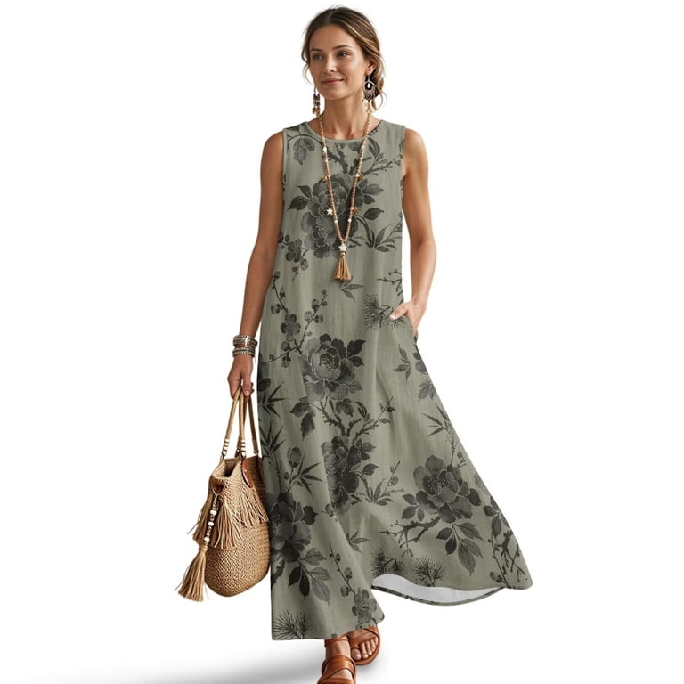 Xoenoiee Peony Cherry Blossom Print Summer Dresses for Women Long Flowy A Line Sleeveless Maxi Sundresses with Pockets, Cotton Linen Lightweight Boho Beach Vacation Clothes Resort Wear, S