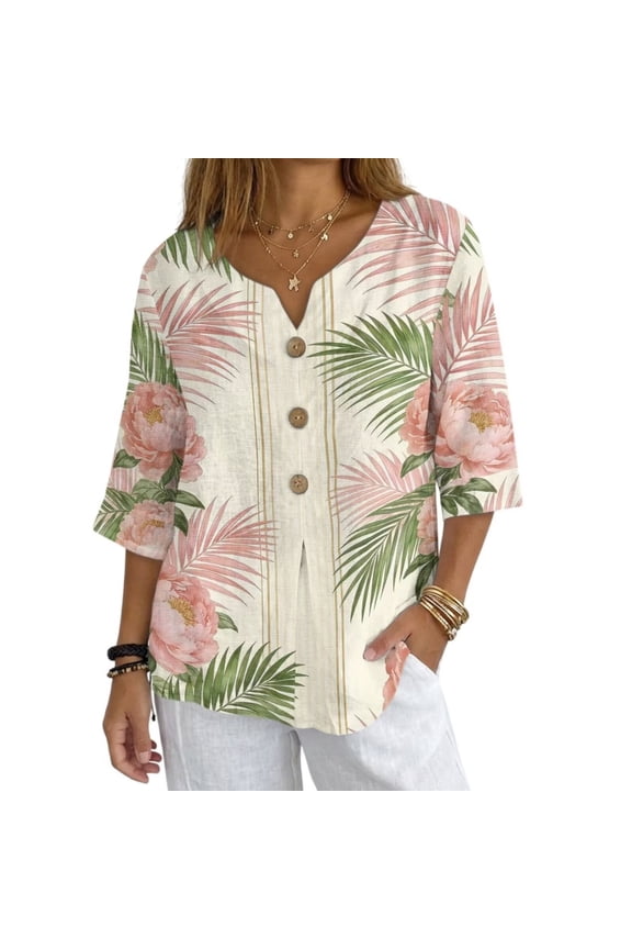 Peony Flower Palm Leaves Print Button Down Shirts for Women 3/4 Length Sleeve Tops V Neck Blouses Business Casual Outfits Loose Fit, 2XL