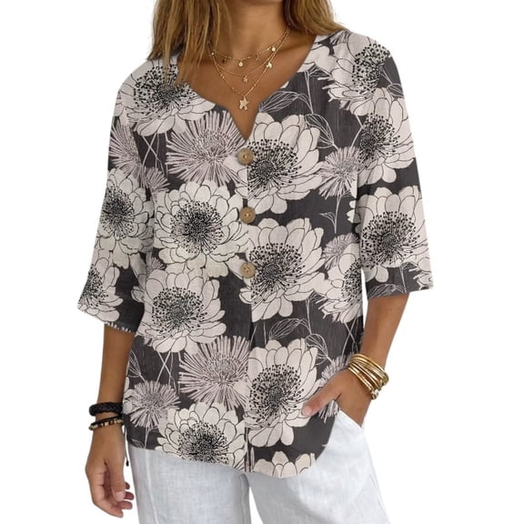 Xoenoiee Peony Flower Print 3/4 Sleeve Shirts for Women Cotton Gauze Tops Button Down Blouse Dressy 2026 Casual Pullover Summer Outfits, Size XL