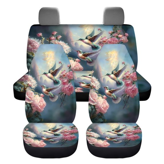 Xoenoiee Peony Flowers Hummingbird Print Car Seat Cover Full Set, Easy to Install, Universal Fits, Front Car Seat Cover Split Rear Bench and Backrest Cover for Auto Sedan SUV