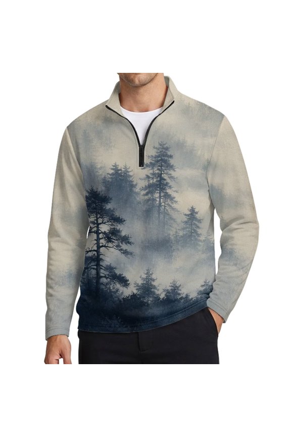 Pine Tree Forest Print Men's Quarter Zip Pullover Polo Shirts Long Sleeve Golf Tennis Shirt Sun Protection UPF 50+ Rash Guard Jackets Athletic Hiking Running Shirt Golf Wear, 2XL
