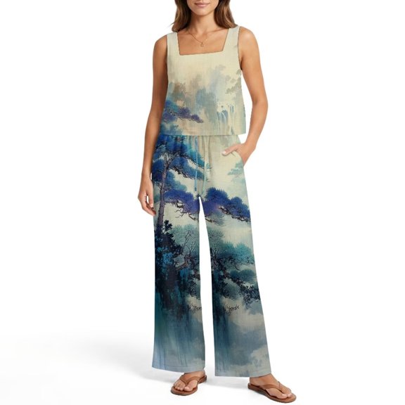 Xoenoiee Pine Tree Mountain Print 2 Piece Sets for Women Spring Fashion Beach Vacation Cruise Outfit Dressy Casual Tank Top Wide Leg Pants with Pockets Summer Resort Wear, Size L