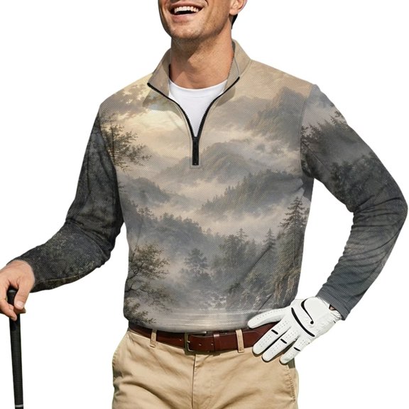 Xoenoiee Pine Tree Mountain Print Men's Long Sleeve Athletic Polo Shirts 1/4 Zip Pullover Sun Protection Golf Shirt Rash Guard Tennis Shirts UPF 50+ Outdoor Running T-Shirts, S