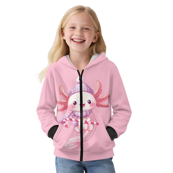 Xoenoiee Pink Axolotl Candy Print Fleece Full Zip Hoodies for Girls Christmas Lightweight Casual Long Sleeve Hoodie Sweatshirts Athletic Tops Sports Shirt Outerwear with Pocket, S