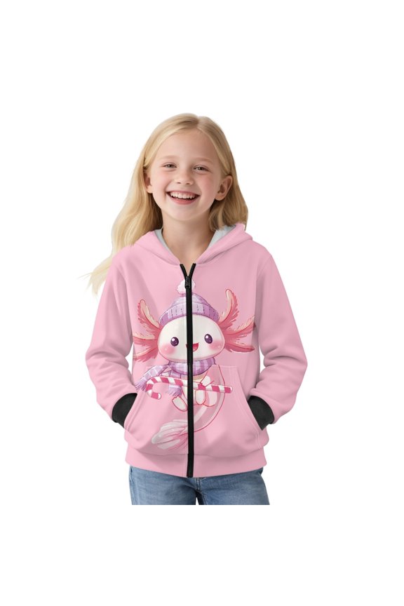 Pink Axolotl Candy Print Fleece Full Zip Hoodies for Girls Christmas Lightweight Casual Long Sleeve Hoodie Sweatshirts Athletic Tops Sports Shirt Outerwear with Pocket, XL