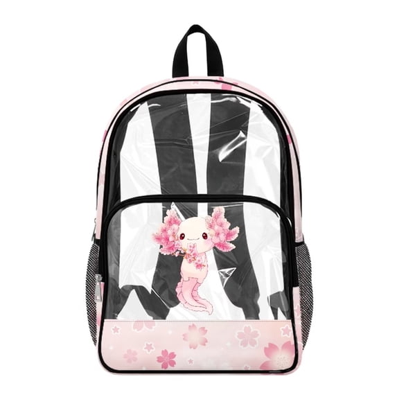 Xoenoiee Pink Axolotl Cherry Blossom Print Transparent Backpack for Girls Clear See Through Bookbag Large Capacity School Rucksack with Adjustable Padded Straps for Kindergarten Preschool Elementary