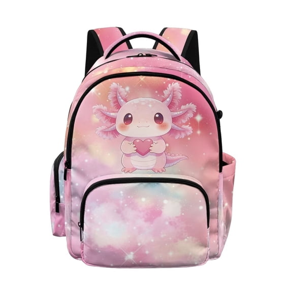 Xoenoiee Pink Axolotl Heart Star Pattern School Bags for Kids Girls Elementary Middle School Students Bookbag Children Book Bags Casual School Bag Large Capacity Rusksack Travel Daypack