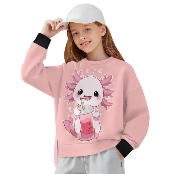 Xoenoiee Pink Axolotl Print Oversized Sweatshirt for Girls Teens Crew Neck Long Sleeve Shirts Drop Shoulder Pullover Long Sleeve Tops, 7-8 Years