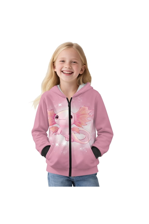 Pink Axolotl Star Print Hoodies for Girls Fleece Full Zip Up Sweatshirts Long Sleeve Hooded Sweatshirt Lightweight Jumpers Hooded Jacket Sports Shirt with Pocket, S