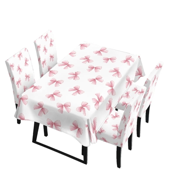 Xoenoiee Pink Bow Pattern 5 Pieces Set Tablecloth and Chair Covers for Banquet Party Decor Washable Rectangle Table Cloth and Dining Chair Slipcovers for Dining Room