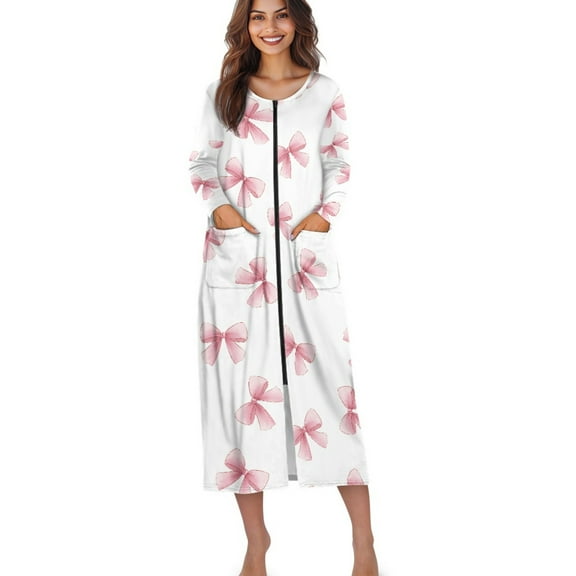 Xoenoiee Pink Bow Print Women's Zipper Front Robes Long Sleeve Nightgown Round Neck Sleepwear Full Length Pajama Dress with Pockets Loungewear, Size 3XL