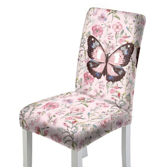 Xoenoiee Pink Butterfly Flower Print Chair Covers for Dining Room, Stretch Dining Chair Cover, Washable Spandex Kitchen Parsons Chair Slipcovers for Home Party, 1 Set