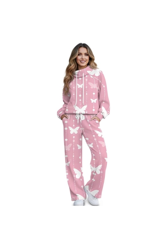 Pink Butterfly Print Jogger Sets for Women 2 Piece Sweatsuit Outfits Long Sleeve Pullover Sweatshirt Pants Set Tracksuit, Size XS