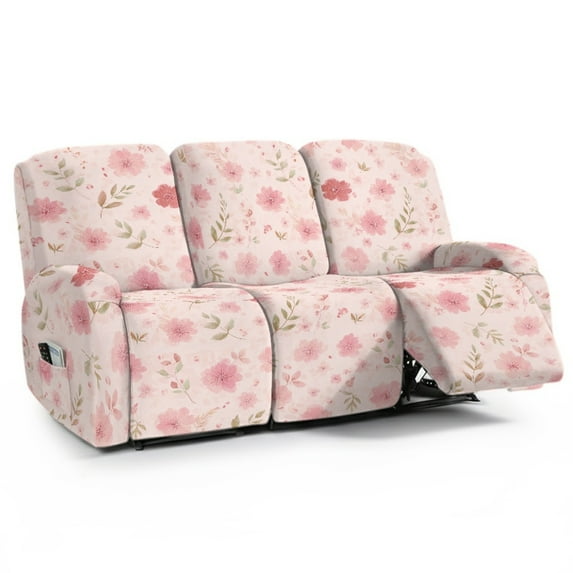 Xoenoiee Pink Cherry Blossom Pattern Recliner Sofa Covers Sectional Couch Cover for Reclining Couch 3 Seat, 8-Pieces 3 Cushion Sofa Stretch Recliner Sofa Slipcover, Soft Jacquard Furniture Protector