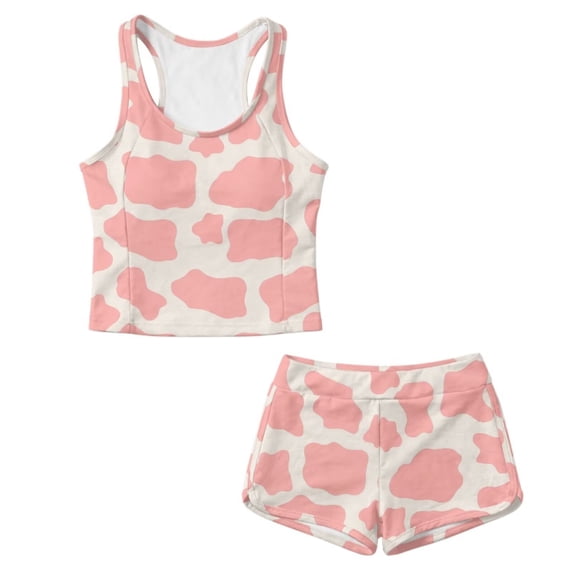 Xoenoiee Pink Cow Pattern Girls Swimsuit Two Piece Tankini Sets with Shorts, Round Neck Bathing Suit Swimwear Sleeveless Tank Top with Bottoms for Girls, Size 6-7 Years