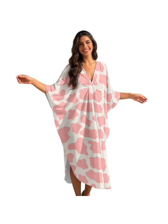 Pink Cow Pattern Kaftan Dresses for Women Plus Size Flowy Beach Cover Up Batwing Sleeve Caftan Dress Swimsuit Lightweight Maxi Dress Loungewear