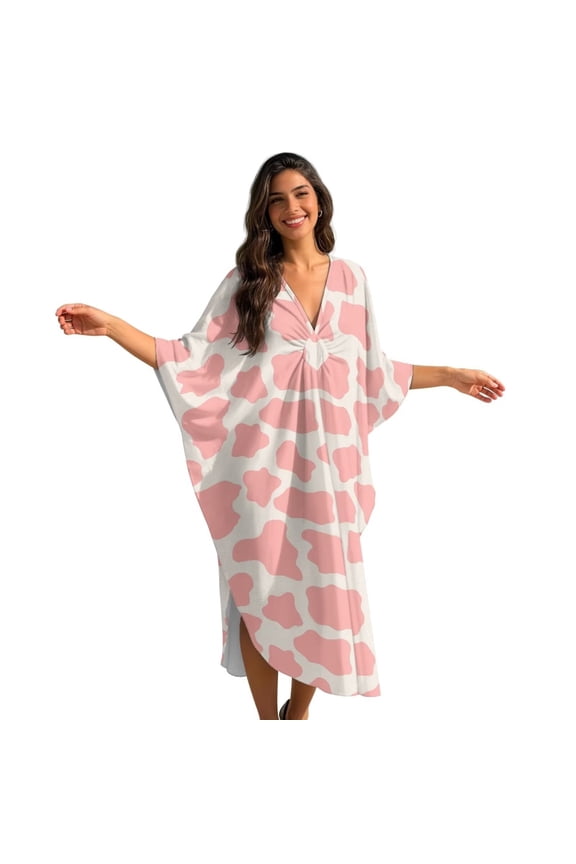 Pink Cow Pattern Kaftan Dresses for Women Plus Size Flowy Beach Cover Up Batwing Sleeve Caftan Dress Swimsuit Lightweight Maxi Dress Loungewear