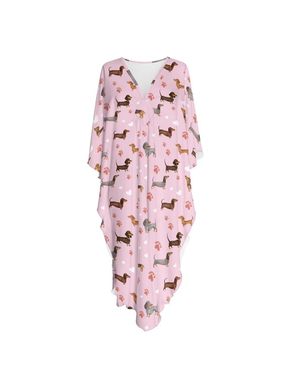 Pink Dachshund Paw Heart Pattern Women Kaftan Dresses Summer Caftan Coverups Dress Kimono Beach Vacation Wear V Neck Maxi Boho Dress for Beach Pool Vacation
