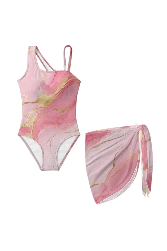Pink Golden Marble Pattern Girls One Piece Swimsuits with Cover Up Skirt, Lightweight Bathing Suit for Kids Hawaiian Swimwear with Adjustable Straps, Size 13-14 Years