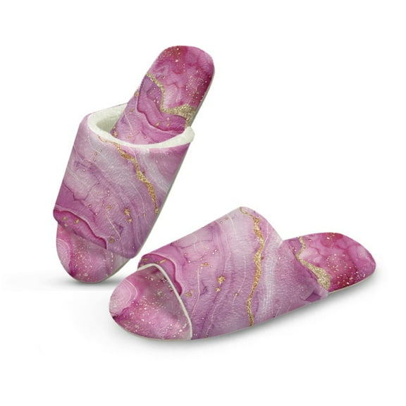 Xoenoiee Pink Golden Marble Print Women's Flannel Open Toe Slippers for Men Plush Soft Slide Slippers with Breathable Open Toe Design for Spring Fall Winter, 9-10 Women/8-9 Men