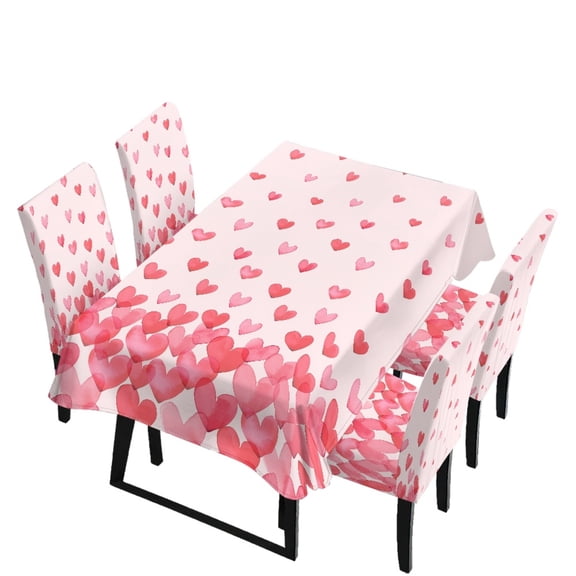 Xoenoiee Pink Heart Love Print 5-Piece Table and Chair Cover Set, Rectangle Tablecloth with 4 Chair Slipcovers Removable Furniture Protector for Dining Room, Kitchen, Valentine's Day Decor