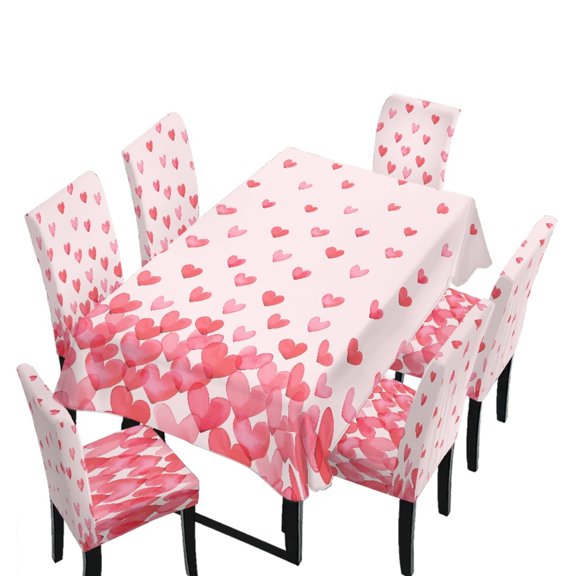 Xoenoiee Pink Heart Love Print 7-Piece Table and Chair Cover Set, Rectangle Tablecloth with 6 Chair Slipcovers Removable Furniture Protector for Dining Room, Kitchen, Valentine's Day Decor