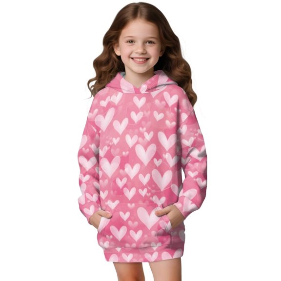 Xoenoiee Pink Heart Love Print Long Hoodies for Girls Valentine's Day Graphic Hooded Sweatshirt for Kids Teens Long Sleeve Sweater Pullover Dresses Loose Fall Outfits Sportswear, 7-8 Years