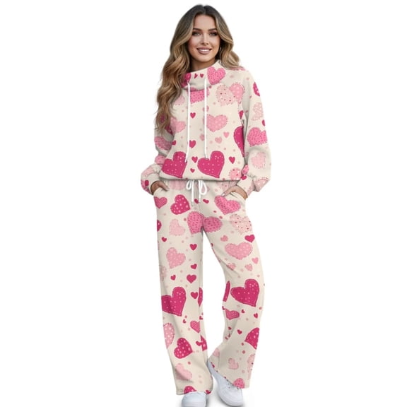 Xoenoiee Pink Heart Love Print Women's Long Sleeve Oversized Pullover & Wide-Leg Sweatpants Set, Valentine's Day Casual Matching Sweat Set Lounge Sets, S