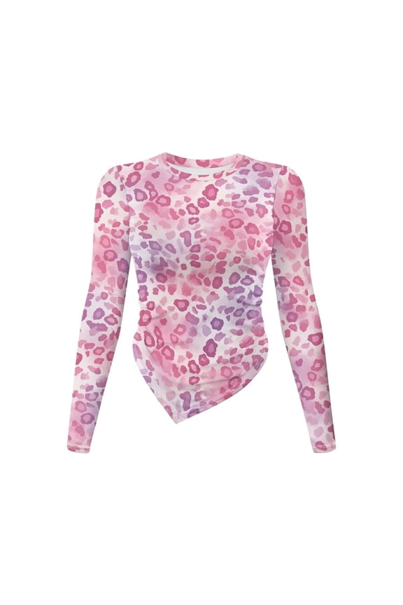 Pink Leopard Pattern Womens Crewneck Long Sleeve Shirt Basic Tees Ruched Going Out Tops Y2K Tight Shirts Irregular Hem Blouses, Size L
