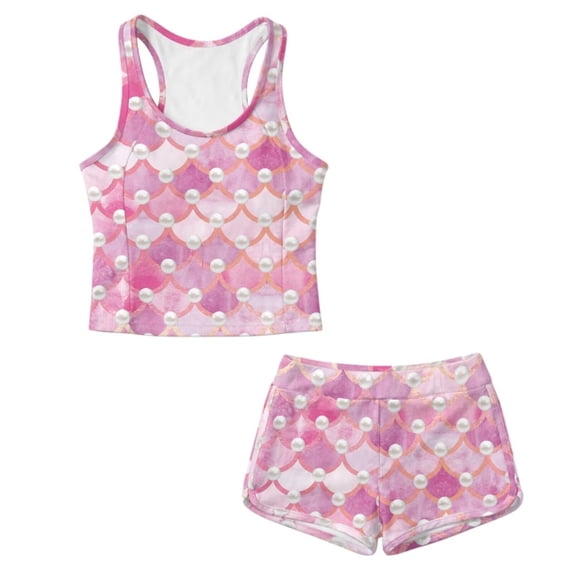 Xoenoiee Pink Mermaid Scales Pearl Print Girls Swimsuit 2 Piece Girls Tankini Swimsuit with Shorts Sleeveless Bathing Suit Swimwear Beachwear with Removable Pads, Size 12-13 Years