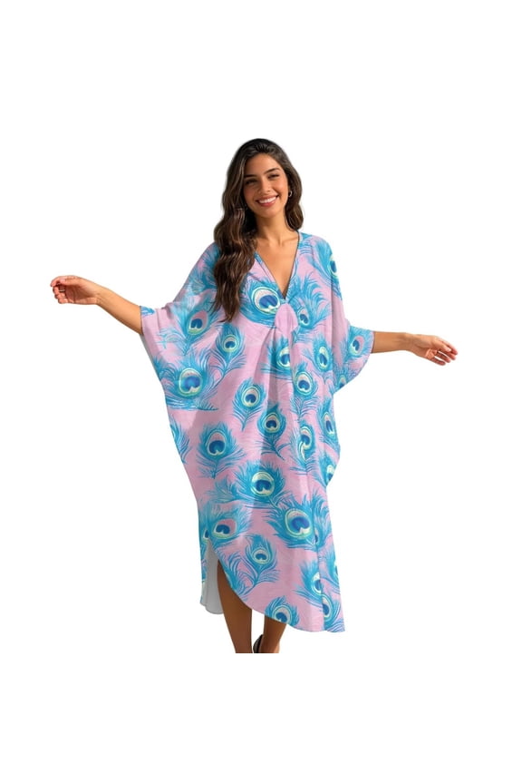 Pink Peacock Feather Pattern Kaftan Dress for Women, 2026 Plus Size Hawaiian Batwing Sleeve Beach Cover Up Summer Caftan Swimsuit Dresses for Cruise Pool Vacation