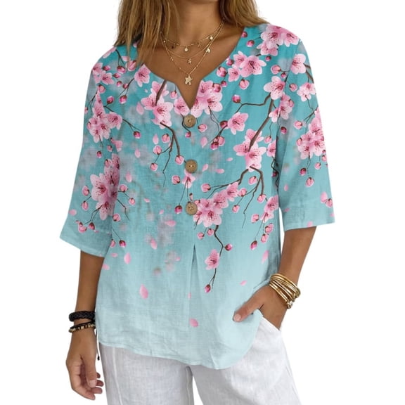 Xoenoiee Pink Plum Blossom Print Linen Shirts for Women Linen Tops V Neck 3/4 Sleeve Button Down Blouses for Women Oversized Tops for Vacation Casual Wear, Medium