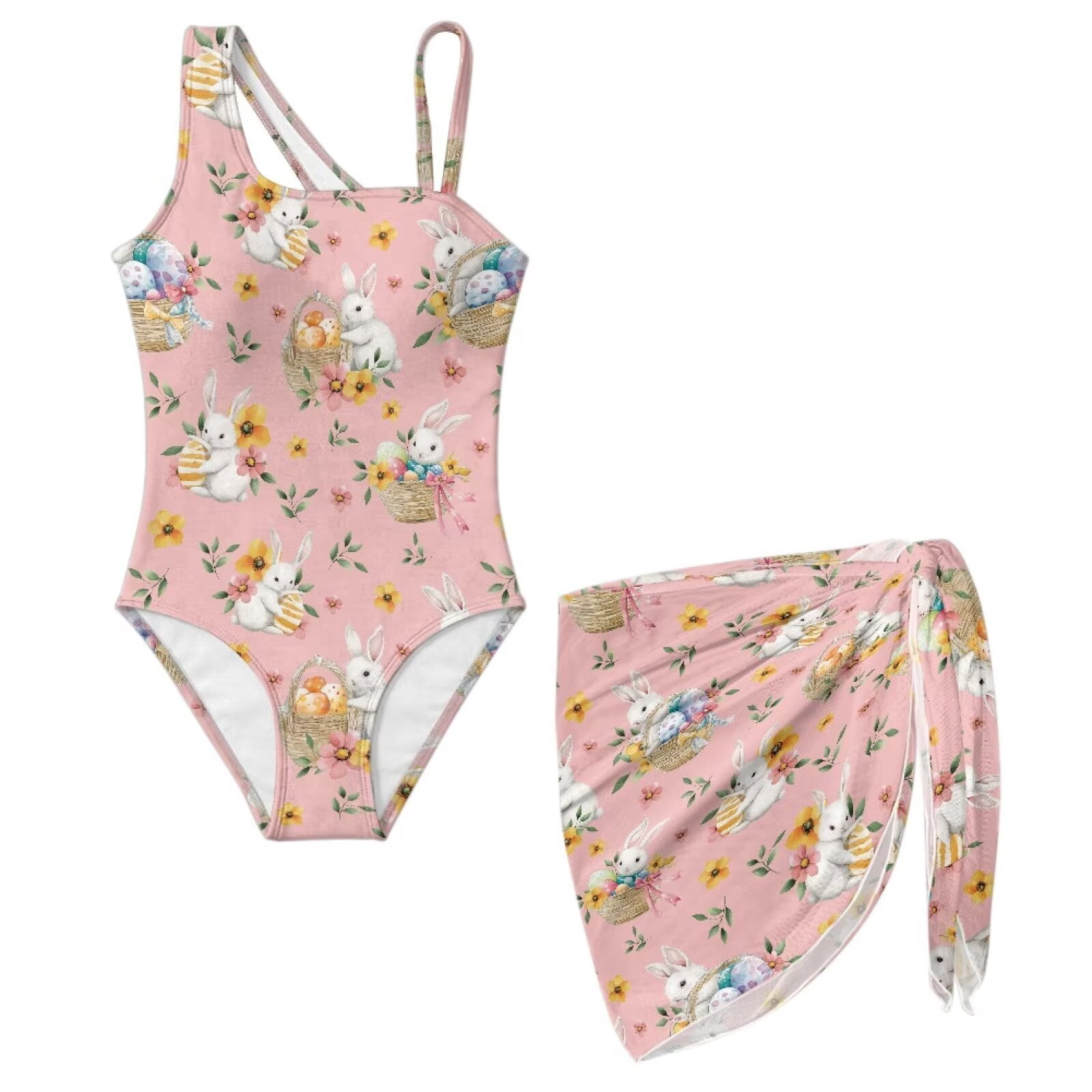 Xoenoiee Pink Rabbit Bunny Egg Flower Pattern Girls Swimsuit Easter One ...