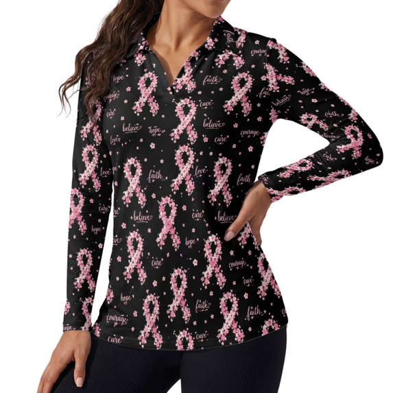Xoenoiee Pink Ribbon Cherry Blossom Print Women's Polo Shirts Breast Cancer Awareness Long Sleeve V Neck Collar Golf Tops Moisture Wicking Soft Stretchy Business Dressy Casual Tennis Active Tee, S