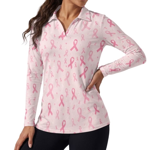 Xoenoiee Pink Ribbon Heart Floral Print V-Neck Golf Polo Shirts Breast Cancer Awareness Long Sleeve UPF 50+ Tunic Top Moisture Wicking Lightweight Casual Work Tennis Shirts Golf Apparel, XS