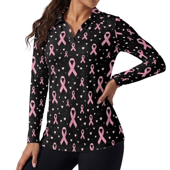 Xoenoiee Pink Ribbon Heart Print Womens Polo Shirts Long Sleeve Golf Shirts V Neck Dressy Tops Breast Cancer Awareness Collared Blouse Stretchy Golf Apparel Casual Fall Winter Clothing, 2XL