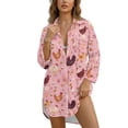 thumbnail image 1 of Xoenoiee Pink Rooster Chicken Butterfly Bee Floral Print Womens Button Down Shirts Long Sleeve Blouse Tunic Tops Cover Up Shirt Side Split Loose Beach Bikini Dress, 2XL, 1 of 7