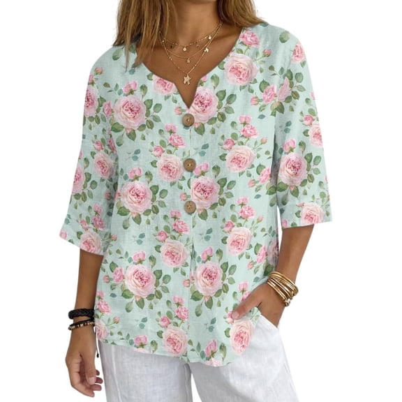 Xoenoiee Pink Rose Flower Print Womens 3/4 Sleeves Button Down Shirts Pleated Blouses Business Casual Tops Work Office T-shirt Plus Size, Size L
