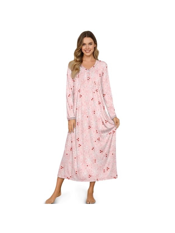 Pink Snowflake Polka Point Print Nightgown for Women Sleepwear V Neck Long Sleeve Loungewear Womens Moo Moos House Dress Nightgowns Pajama Dress, Size M