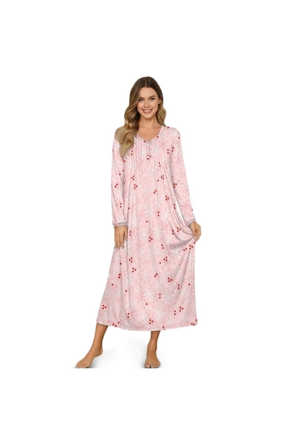 Pink Snowflake Polka Point Print Nightgown for Women Sleepwear V Neck Long Sleeve Loungewear Womens Moo Moos House Dress Nightgowns Pajama Dress, Size M