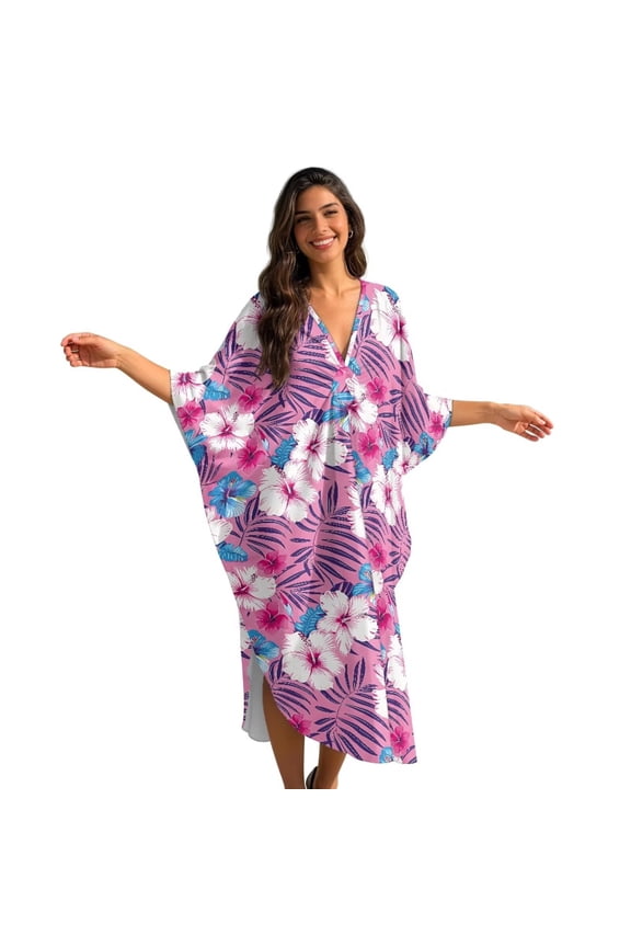 Pink Tropical Hibiscus Palm Leaves Pattern Kaftan Dresses for Women Plus Size Summer Bathing Suit Cover up V Neck Batwing Dress Loose fit Moroccan Caftan Mumu Dresses