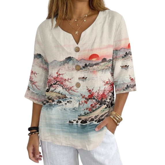 Xoenoiee Plum Blossom Mountain Sunset Print Women's Vintage Linen Tops 3/4 Sleeve Boho Summer Graphic Tees Tunic Shirts Casual Loose Button Blouses, 4XL