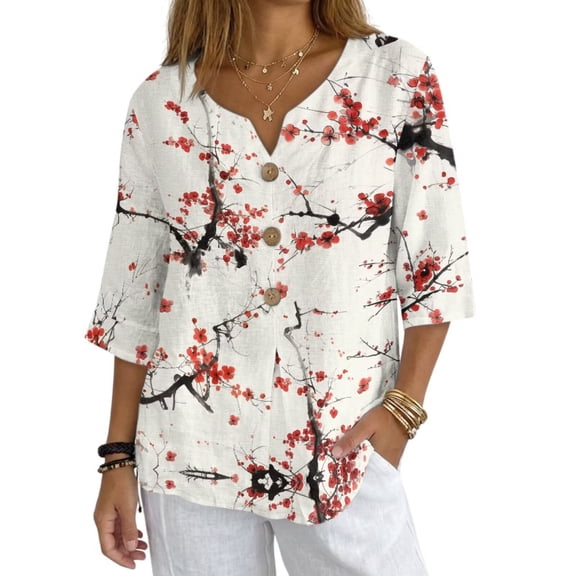 Xoenoiee Plum Blossom Print 3/4 Sleeve Cotton Linen Shirts for Women Summer Retro Boho Tops Button Down Loose Casual Blouses Dressy Loose Fit, S