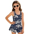 thumbnail image 1 of Xixirimido Plum Blossom Waves Blue Print Modest Girls’ Swimwear One Piece – Hawaiian Skirted Bathing Suit with Built-in Shorts, Sleeveless UPF 50+ Swimsuits, 5-6 Years, 1 of 7