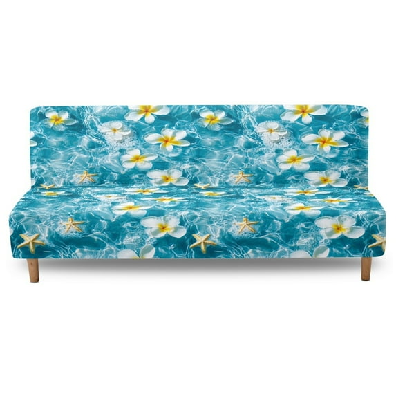 Xixirimido Plumeria Starfish Sea Blue Pattern Stretch Armless Futon Cover Sofa Bed Covers Elastic Futon Slipcover Washable Couch Cover Washable Furniture Protector