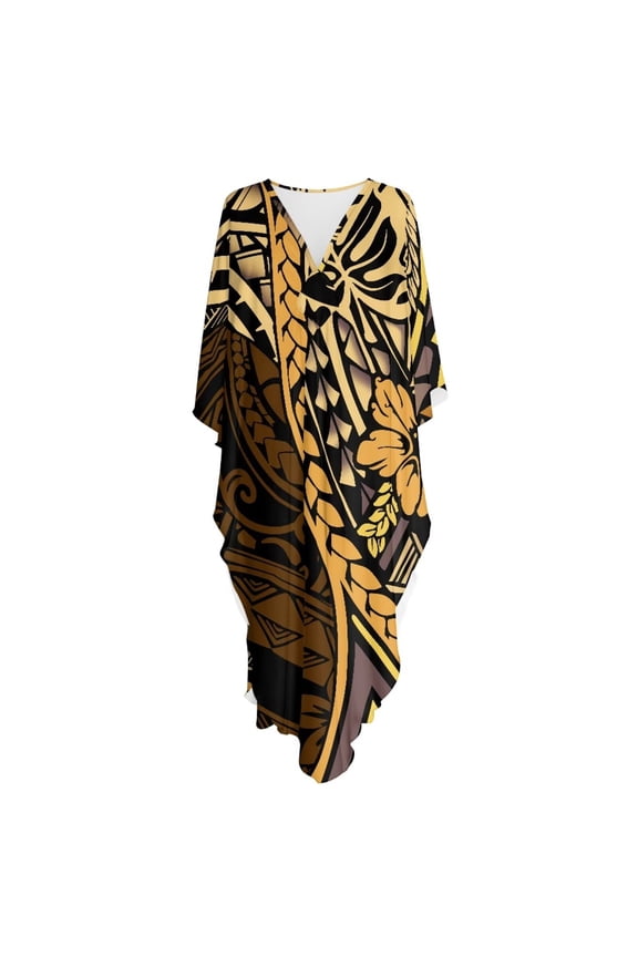 Polynesia Hibiscus Flower Pattern Plus Size Kaftan Dresses for Women, Polyester Summer Caftan Cover Up Batwing Sleeve Maxi Beach Dress Mumu Dresses