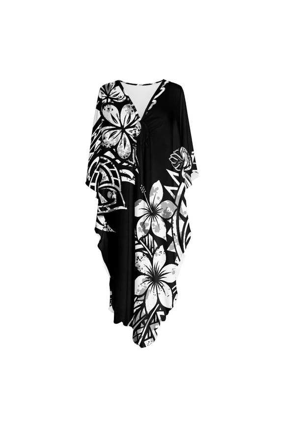 Polynesia Hibiscus Palm Leaves Pattern Women Kaftan Dresses Plus Size V-Neck Batwing Sleeves Beach Cover Up with Side Slits 2026 Summer Caftan Dress Mumu Dresses